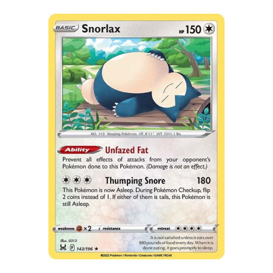 Snorlax (SWSH11) #143/196 Holo Rare (Reverse Holofoil Moderately Played) SWSH11: Lost Origin Pokemon: 2022