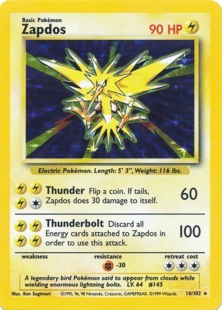 Zapdos (BS) #016/102 Holo Rare (Holofoil Heavily Played) Base Set Pokemon: 1999