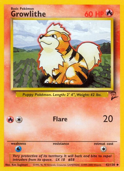 Growlithe (BS2) #042/130 Uncommon (Lightly Played) Base Set 2 Pokemon: 2000