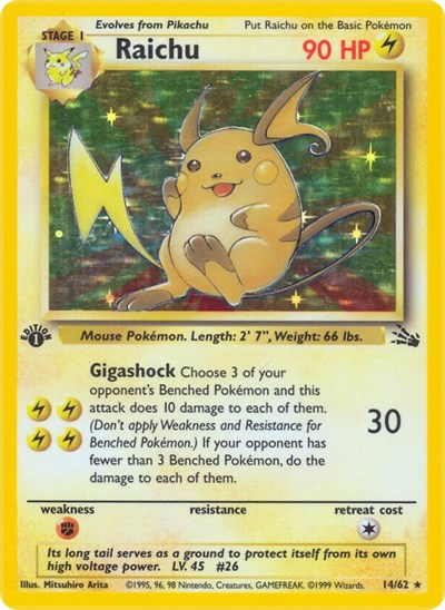Raichu 14 (FO) #14/62 Holo Rare (Unlimited Holofoil Moderately Played) Fossil Pokemon: 1999