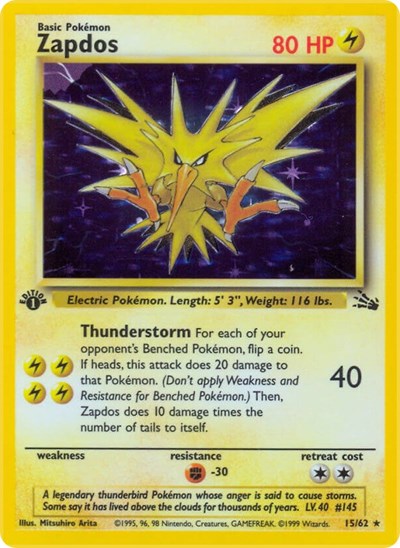 Zapdos 15 (FO) #15/62 Holo Rare (Unlimited Holofoil Damaged) Fossil Pokemon: 1999