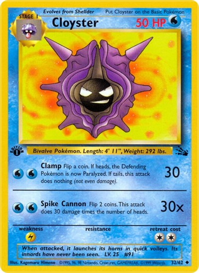 Cloyster (FO) #32/62 Uncommon Fossil Pokemon: 1999