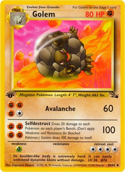 Golem (FO) #36/62 Uncommon (1st Edition Moderately Played) Fossil Pokemon: 1999
