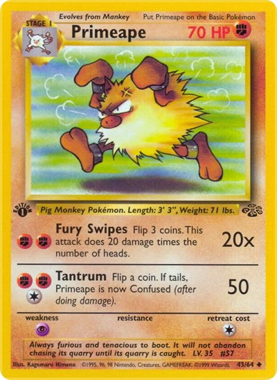 Primeape (JU) #43/64 Uncommon (Unlimited Near Mint) Jungle Pokemon: 1999
