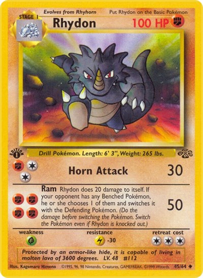 Rhydon (JU) #45/64 Uncommon (Unlimited Moderately Played) Jungle Pokemon: 1999