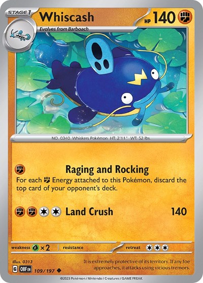 Whiscash (OBF) #109/197 Uncommon (Reverse Holofoil Lightly Played) SV03: Obsidian Flames Pokemon: 2023