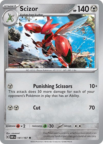 Scizor (OBF) #141/197 Rare (Holofoil Near Mint) SV03: Obsidian Flames Pokemon: 2023