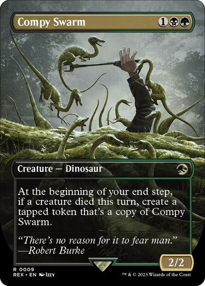 Compy Swarm Borderless (REX) #9 Rare (Near Mint) Universes Beyond: Jurassic World Collection Magic: The Gathering: 2023