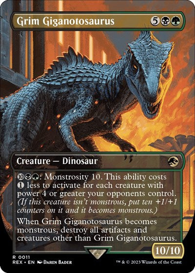 Grim Giganotosaurus Borderless (REX) #11 Rare (Near Mint) Universes Beyond: Jurassic World Collection Magic: The Gathering: 2023
