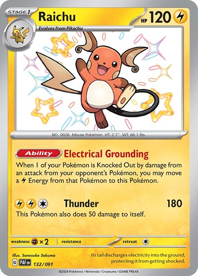 Raichu 132 091 (PAF) #132/091 Shiny Rare (Holofoil Near Mint) SV: Paldean Fates Pokemon: 2024
