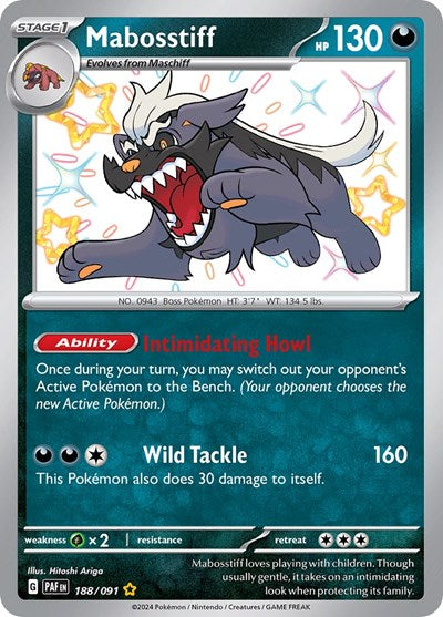 Mabosstiff 188 091 (PAF) #188/091 Shiny Rare (Holofoil Near Mint) SV: Paldean Fates Pokemon: 2024