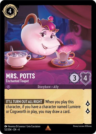 Mrs Potts Enchanted Teapot (4) #52/204 Rare (Cold Foil Near Mint) Ursula's Return Lorcana TCG: 2024