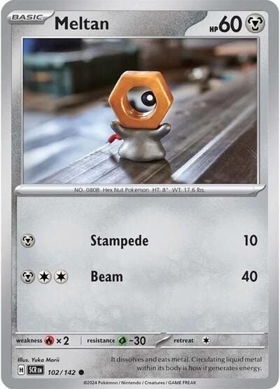 Meltan - 102/142 (SCR) #102/142 Common (Reverse Holofoil Moderately Played) SV07: Stellar Crown Pokemon: 2024