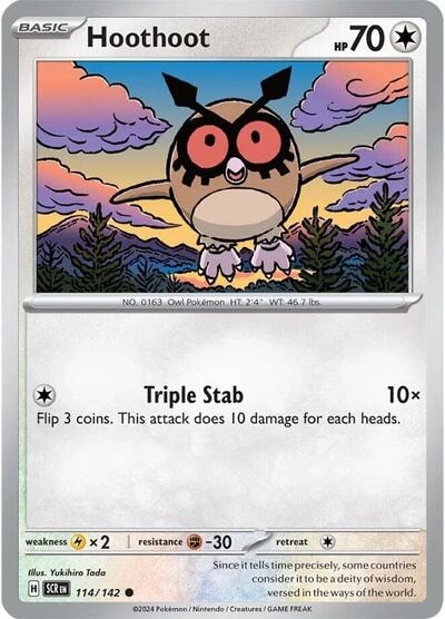 Hoothoot (SCR) #114/142 Common (Reverse Holofoil Moderately Played) SV07: Stellar Crown Pokemon: 2024
