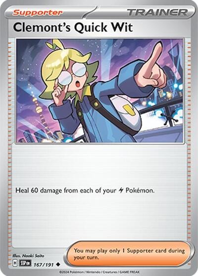 Clemont's Quick Wit - 167/191 (SSP) #167/191 Uncommon (Moderately Played) SV08: Surging Sparks Pokemon: 2024