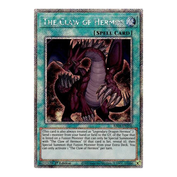 The Claw of Hermos (Platinum Secret Rare) (RA04) #RA04-EN256 Platinum Secret Rare (1st Edition Near Mint) Quarter Century Stampede YuGiOh: 2025