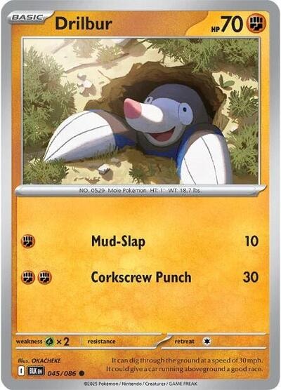 Drilbur (BLK) #045/086 Common (Reverse Holofoil Lightly Played) SV: Black Bolt Pokemon: 2025