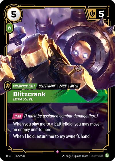 Blitzcrank - Impassive (OGN) #067/298 Rare (Foil Near Mint) Origins Riftbound: League of Legends Trading Card Game: 2025