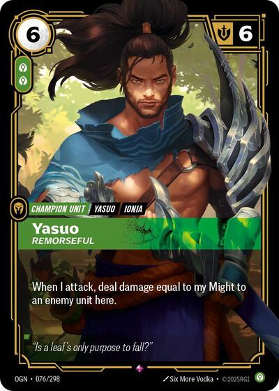 2025 Riftbound League of Legends Trading Card Game: Origins (OGN) - Yasuo Remorseful (#076/298, Rare) (Foil, Near Mint)