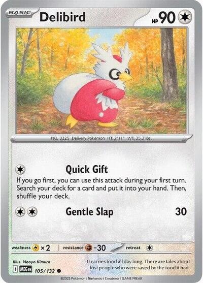 Delibird - 105/132 (MEG) #105/132 Common (Reverse Holofoil Moderately Played) ME01: Mega Evolution Pokemon: 2025