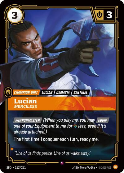Lucian Merciless (SFD) #113/221 Rare (Foil Near Mint) Spiritforged Riftbound: League of Legends Trading Card Game: 2026