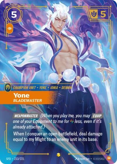 Yone - Blademaster (Overnumbered) (SFD) #233/221 Showcase (Foil Near Mint) Spiritforged Riftbound: League of Legends Trading Card Game: 2026