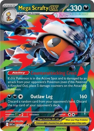 Mega Scrafty ex - 135/217 (ASC) #135/217 Double Rare (Holofoil Near Mint) ME: Ascended Heroes Pokemon: 2026