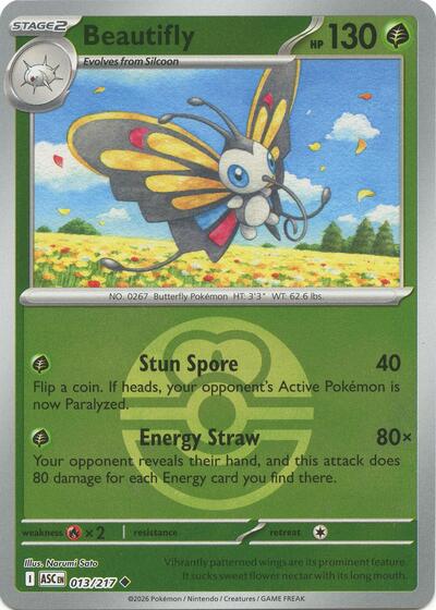Beautifly 013 217 Love Ball (ASC) #013/217 Uncommon (Reverse Holofoil Near Mint) ME: Ascended Heroes Pokemon: 2026