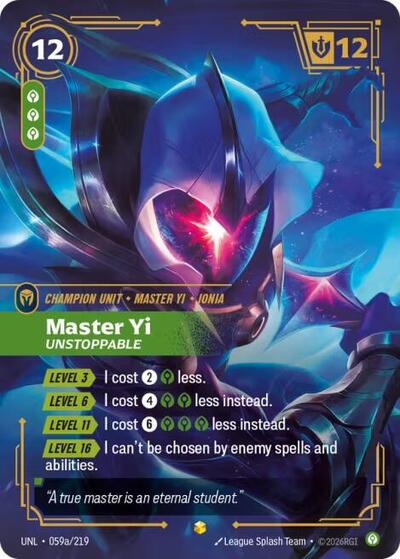 Master Yi Unstoppable Alternate Art (UNL) #059a/219 Showcase (Foil Near Mint) Unleashed Riftbound: League of Legends Trading Card Game: 2026