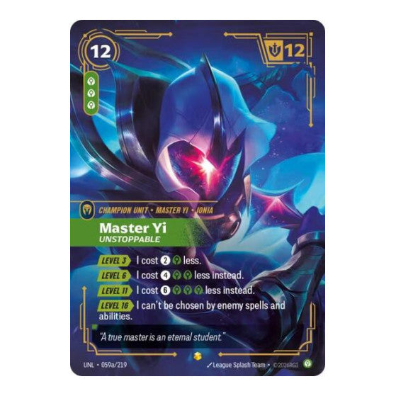 Master Yi, Unstoppable (Alternate Art) (UNL) #059a/219 Showcase (Foil Near Mint) Unleashed Riftbound: League of Legends Trading Card Game: 2026