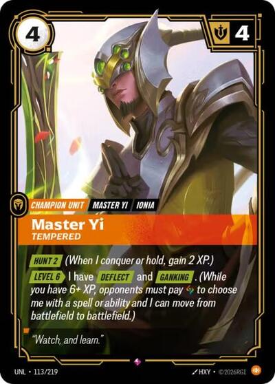 Master Yi Tempered (UNL) #113/219 Rare (Foil Near Mint) Unleashed Riftbound League of Legends Trading Card Game: 2026