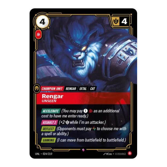 Rengar, Unseen (UNL) #024/219 Rare (Foil Near Mint) Unleashed Riftbound: League of Legends Trading Card Game: 2026