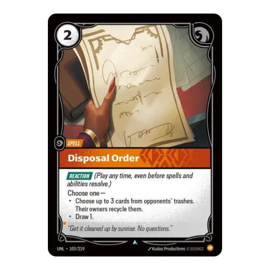 Disposal Order (UNL) #103/219 Uncommon Unleashed Riftbound: League of Legends Trading Card Game: 2026