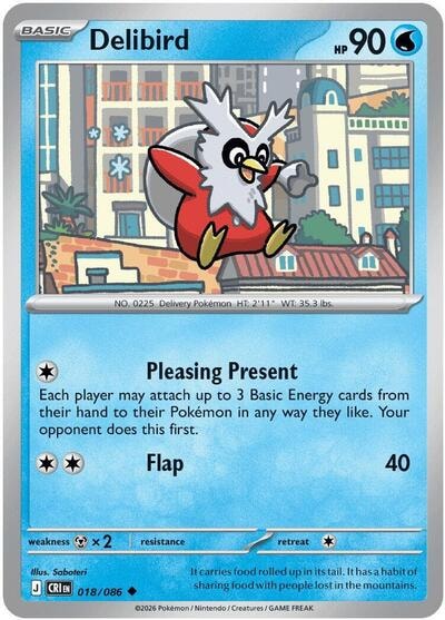 Delibird (CRI) #018/086 Uncommon (Reverse Holofoil Lightly Played) ME04: Chaos Rising Pokemon: 2026