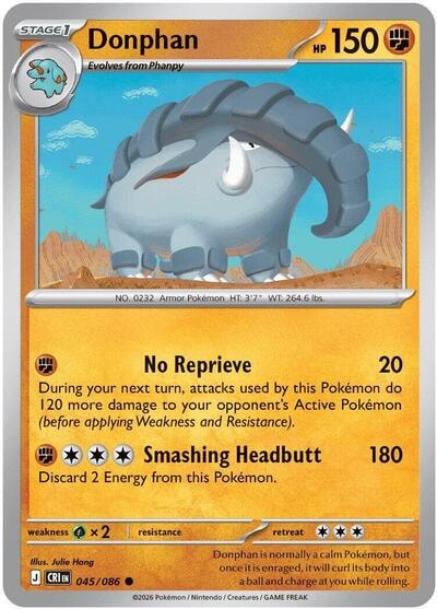 Donphan (CRI) #045/086 Common (Reverse Holofoil Lightly Played) ME04: Chaos Rising Pokemon: 2026
