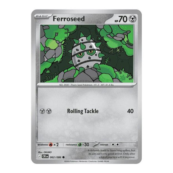 Ferroseed (CRI) #062/086 Common (Reverse Holofoil Lightly Played) ME04: Chaos Rising Pokemon: 2026