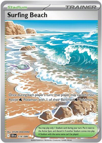 Surfing Beach (CRI) #114/086 Ultra Rare (Holofoil Near Mint) ME04: Chaos Rising Pokemon: 2026