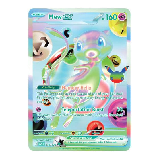 Mew ex - 158/128 (30C) #158/128 Futuristic Rare (Holofoil Near Mint) ME: 30th Celebration Pokemon: 2026