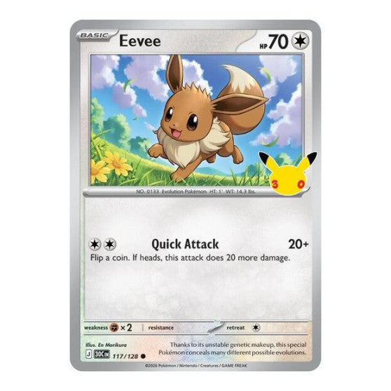 Eevee - 117/128 (30C) #117/128 Common (Holofoil Near Mint) ME: 30th Celebration Pokemon: 2026