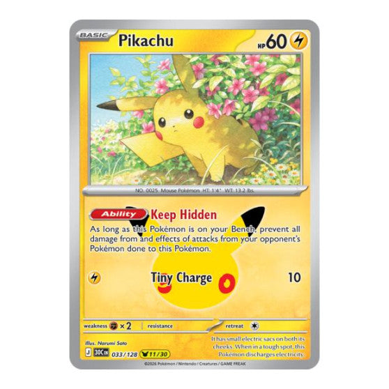Pikachu - 033/128 (30C) #033/128 Pikachu Rare (Holofoil Near Mint) ME: 30th Celebration Pokemon: 2026