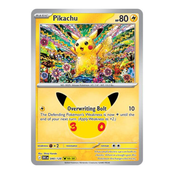 Pikachu - 040/128 (30C) #040/128 Pikachu Rare (Holofoil Near Mint) ME: 30th Celebration Pokemon: 2026