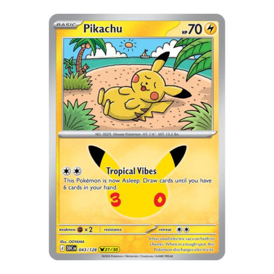 Pikachu - 043/128 (30C) #043/128 Pikachu Rare (Holofoil Near Mint) ME: 30th Celebration Pokemon: 2026