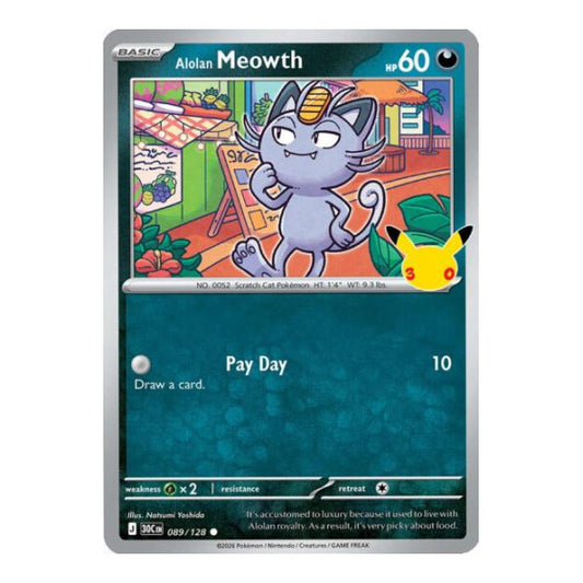 Alolan Meowth - 089/128 (30C) #089/128 Common (Holofoil Near Mint) ME: 30th Celebration Pokemon: 2026