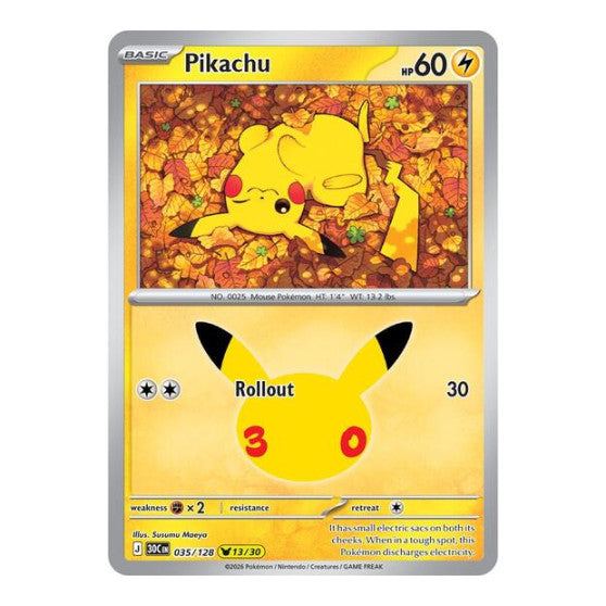 Pikachu - 035/128 (30C) #035/128 Pikachu Rare (Holofoil Near Mint) ME: 30th Celebration Pokemon: 2026
