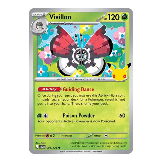 Vivillon (30C) #008/128 Common (Holofoil Near Mint) ME: 30th Celebration Pokemon: 2026