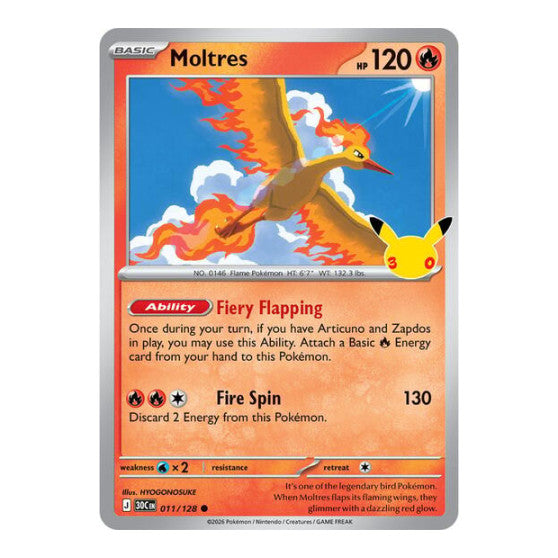 Moltres - 011/128 (30C) #011/128 Common (Holofoil Near Mint) ME: 30th Celebration Pokemon: 2026