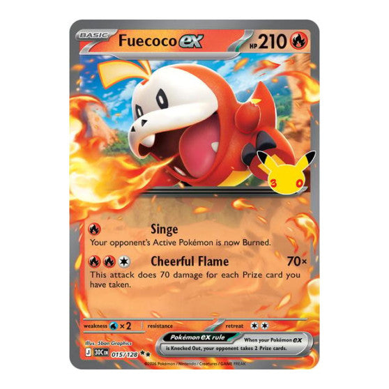 Fuecoco ex - 015/128 (30C) #015/128 Double Rare (Holofoil Near Mint) ME: 30th Celebration Pokemon: 2026