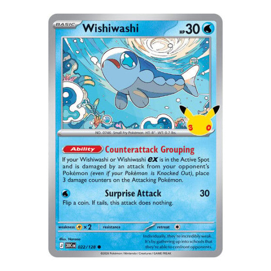 Wishiwashi (30C) #022/128 Common (Holofoil Near Mint) ME: 30th Celebration Pokemon: 2026