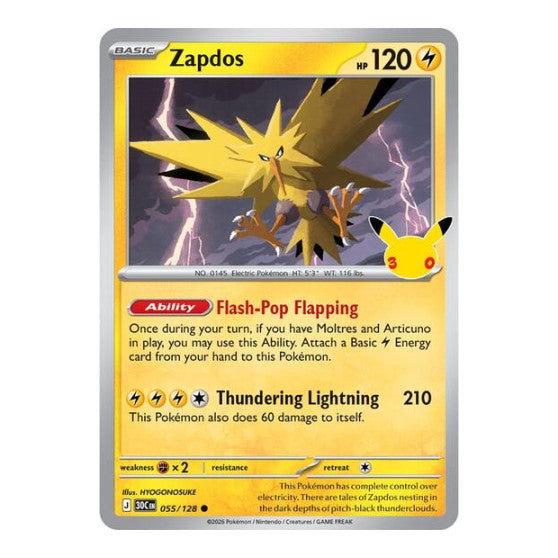Zapdos - 055/128 (30C) #055/128 Common (Holofoil Near Mint) ME: 30th Celebration Pokemon: 2026