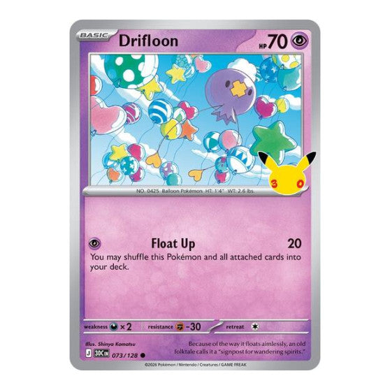 Drifloon - 073/128 (30C) #073/128 Common (Holofoil Near Mint) ME: 30th Celebration Pokemon: 2026